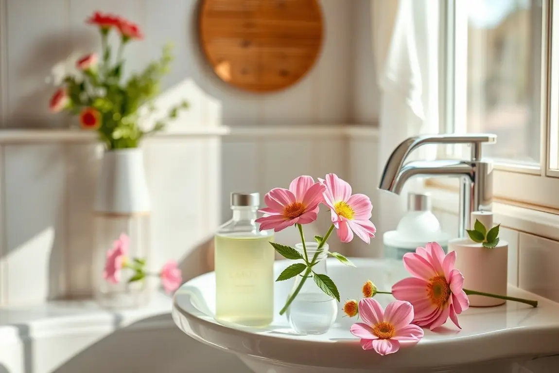 Mesa de banheiro com produtos naturais de skincare iluminados pela luz do sol da manhã