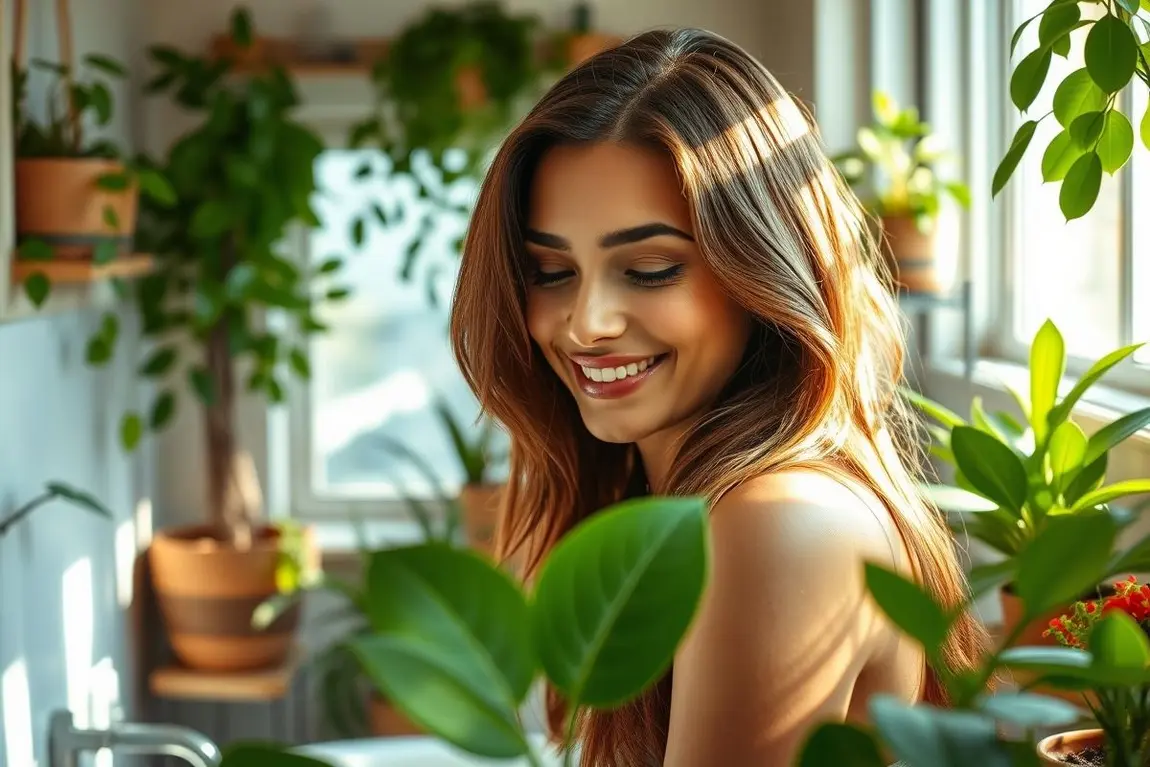 Mulher sorrindo com cabelo brilhante em ambiente confortável e natural
