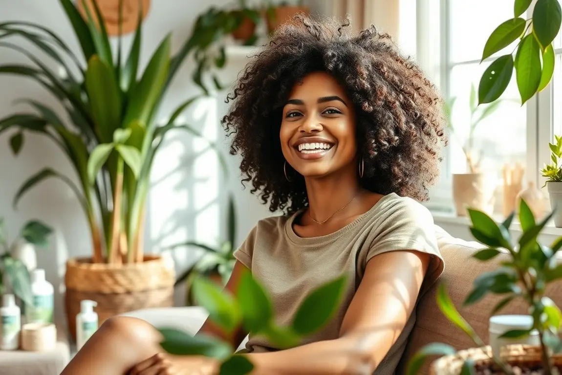Mulher com cabelos cacheados naturais em ambiente confortável com produtos naturais