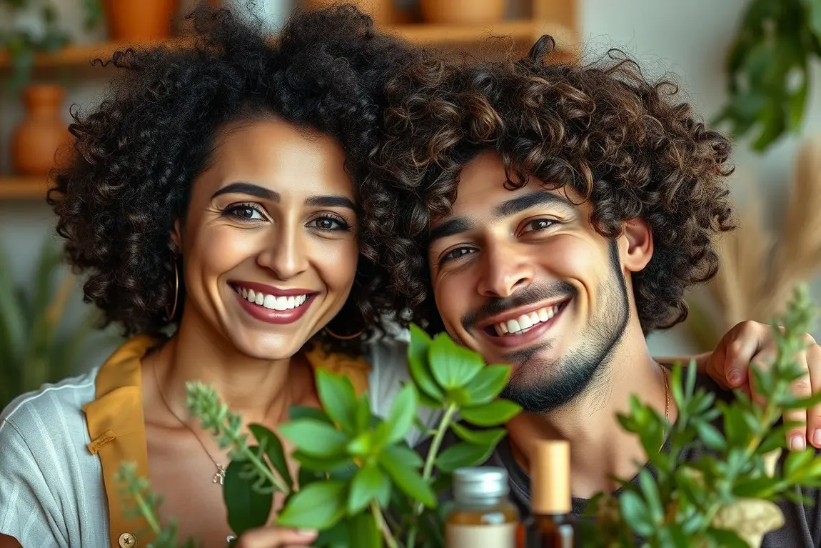 Mulher e homem sorrindo com cabelos cacheados naturais e produtos artesanais ao redor