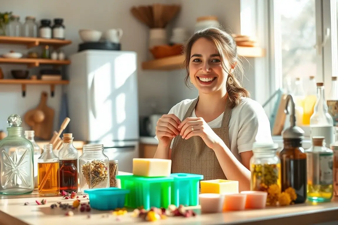 5 Óleos Naturais que Transformam Sabonetes em Hidratação e Perfume Incríveis 1 Pessoa iniciando fazer sabonetes naturais artesanais em casa, cercada por frascos de óleo e flores