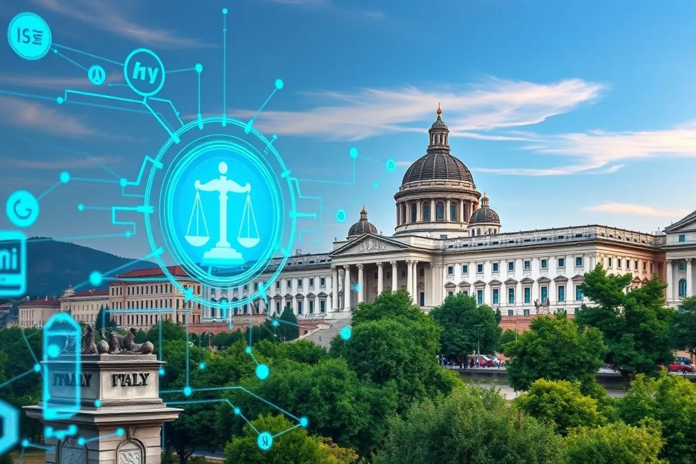 Impostos sobre Plataformas Digitais na Itália 1 Vista panorâmica dos edifícios governamentais da Itália, simbolizando a proposta tributária.