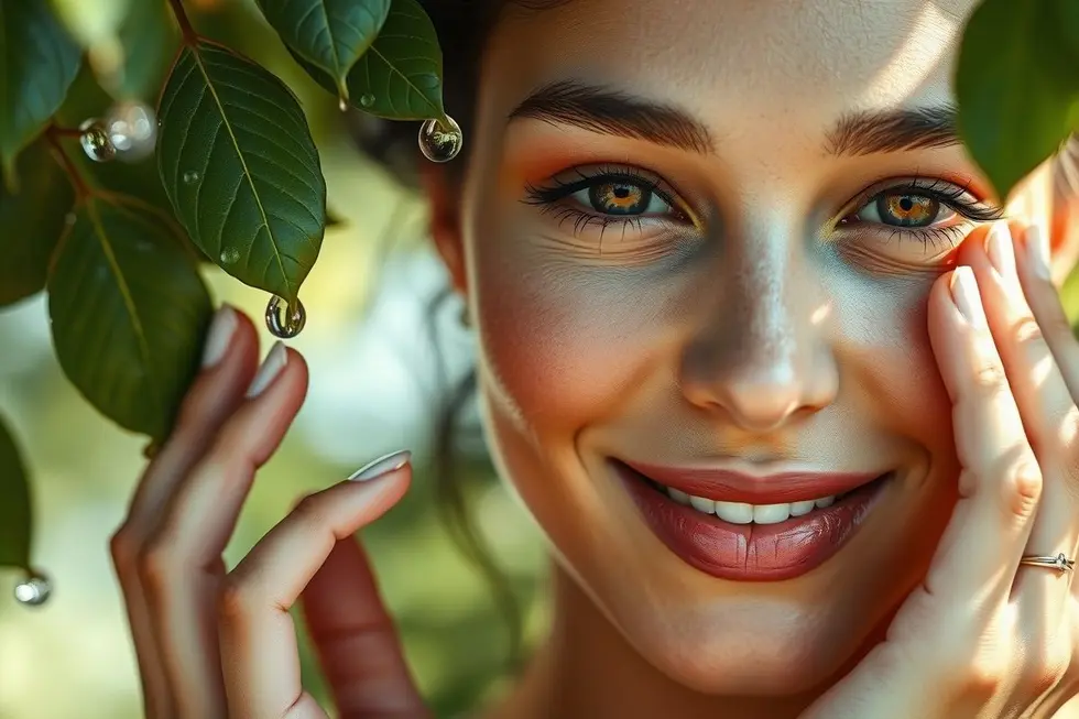 Mulher com pele saudável e radiante tocando o rosto em ambiente natural claro.