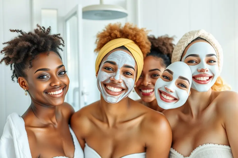 Grupo diverso de pessoas com pele radiante sorrindo em ambiente de banheiro claro, cuidando da pele.