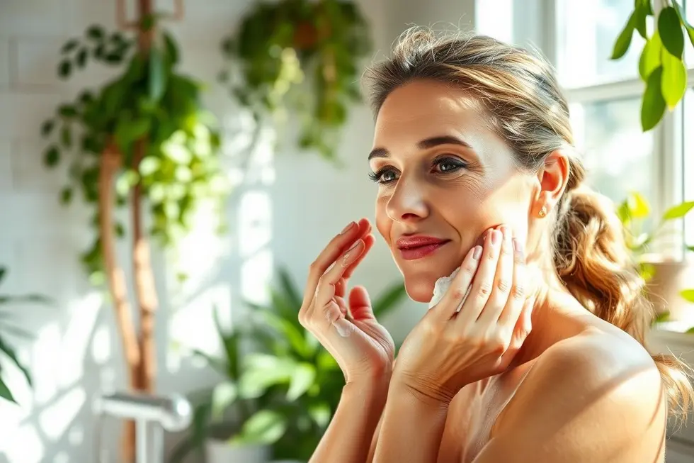 Mulher lavando o rosto com sabonete caseiro anti-idade num ambiente natural e iluminado.