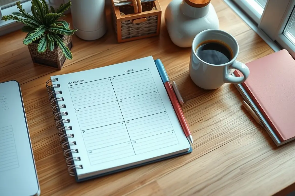 Espaço de trabalho com planejador e café.