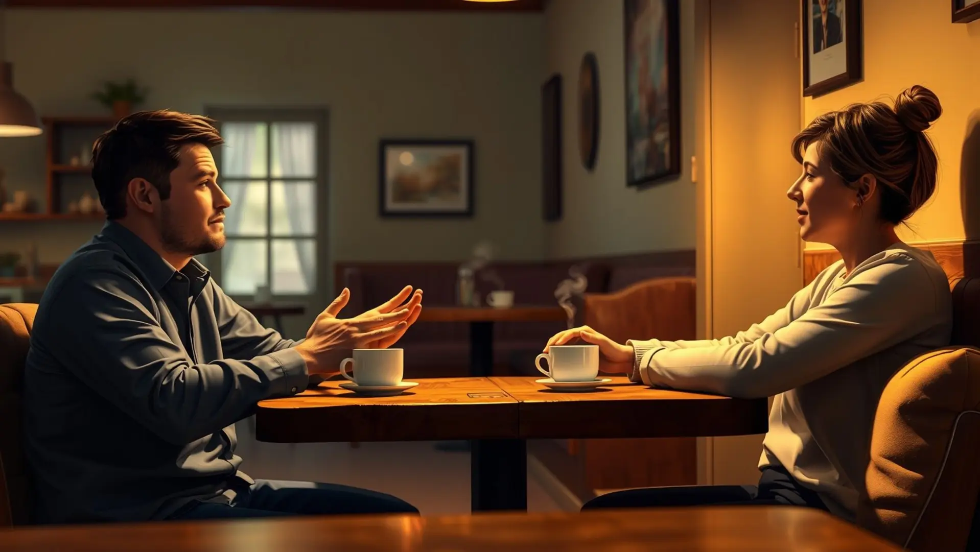 Duas amigas conversando em um café acolhedor.