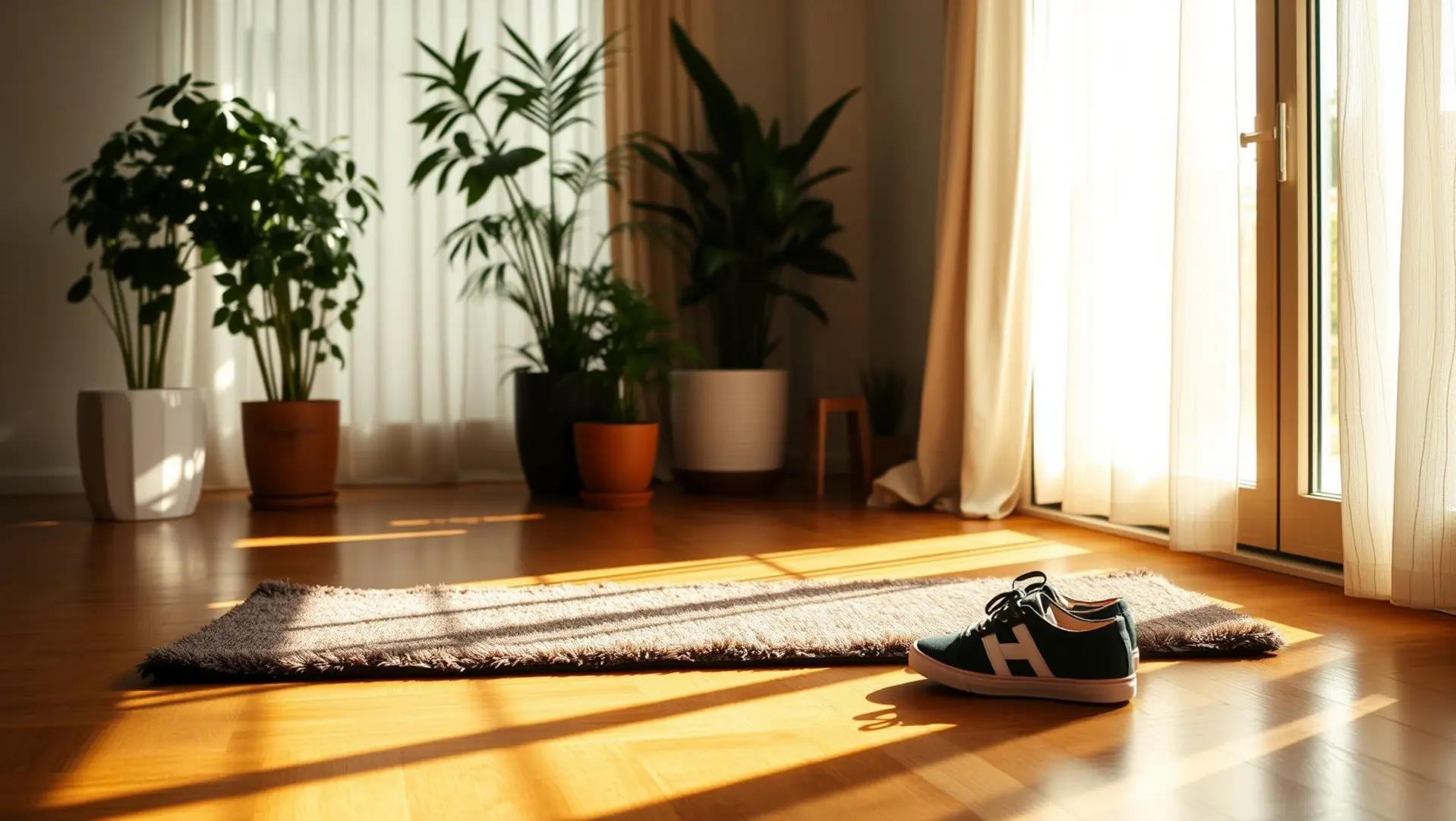 Uma sala iluminada com um tapete de yoga e plantas.