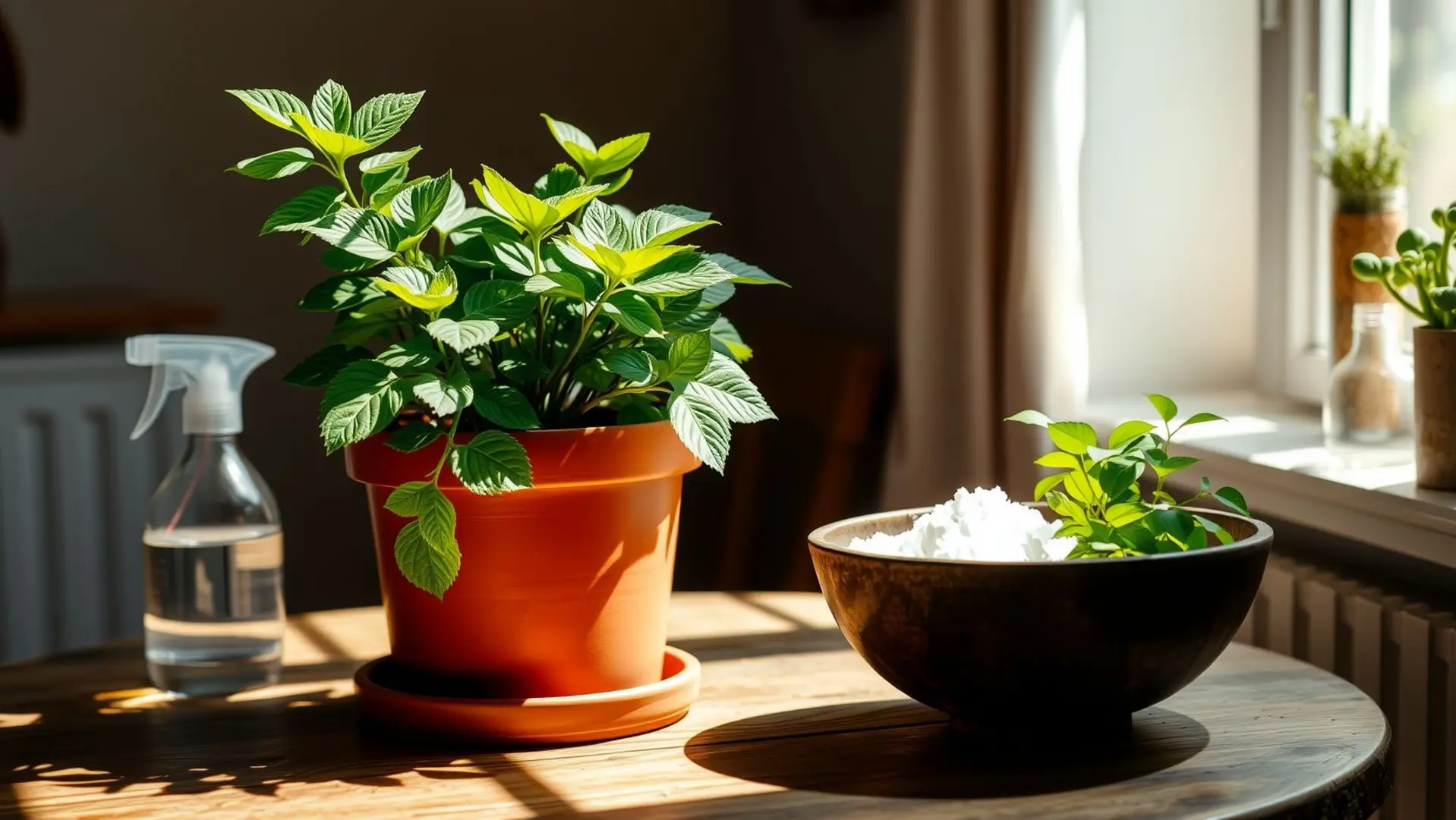 3 formas criativas de usar bicarbonato para fortalecer plantas em vasos 1 Planta saudável em vaso ao lado de bicarbonato e borrifador