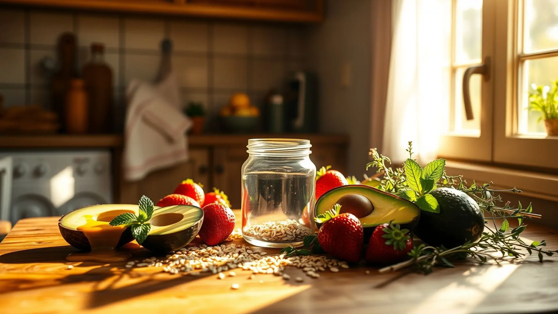 O que evitar antes de iniciar treinos diários 1 Cena de cozinha iluminada com ingredientes naturais para beleza DIY.