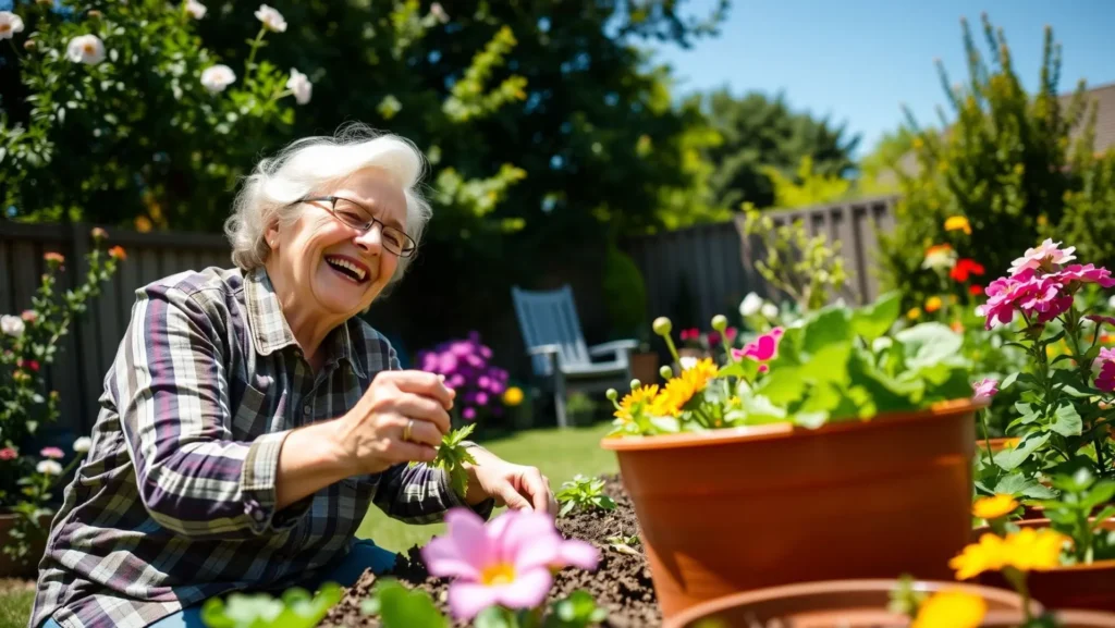 Os quatro segredos para chegar aos 90 anos com energia e disposição 2 Uma mulher idosa cuidando do jardim, simbolizando bem-estar e vitalidade.