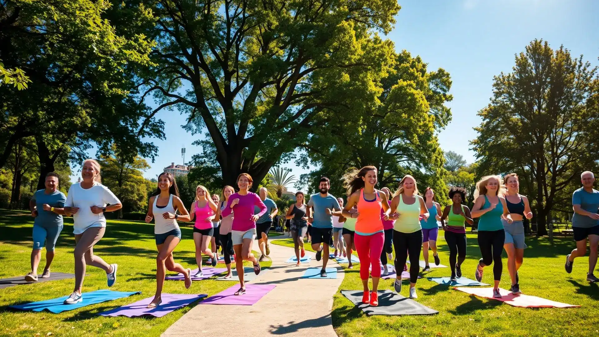 Cenas de treino ao ar livre com um grupo diverso se divertindo