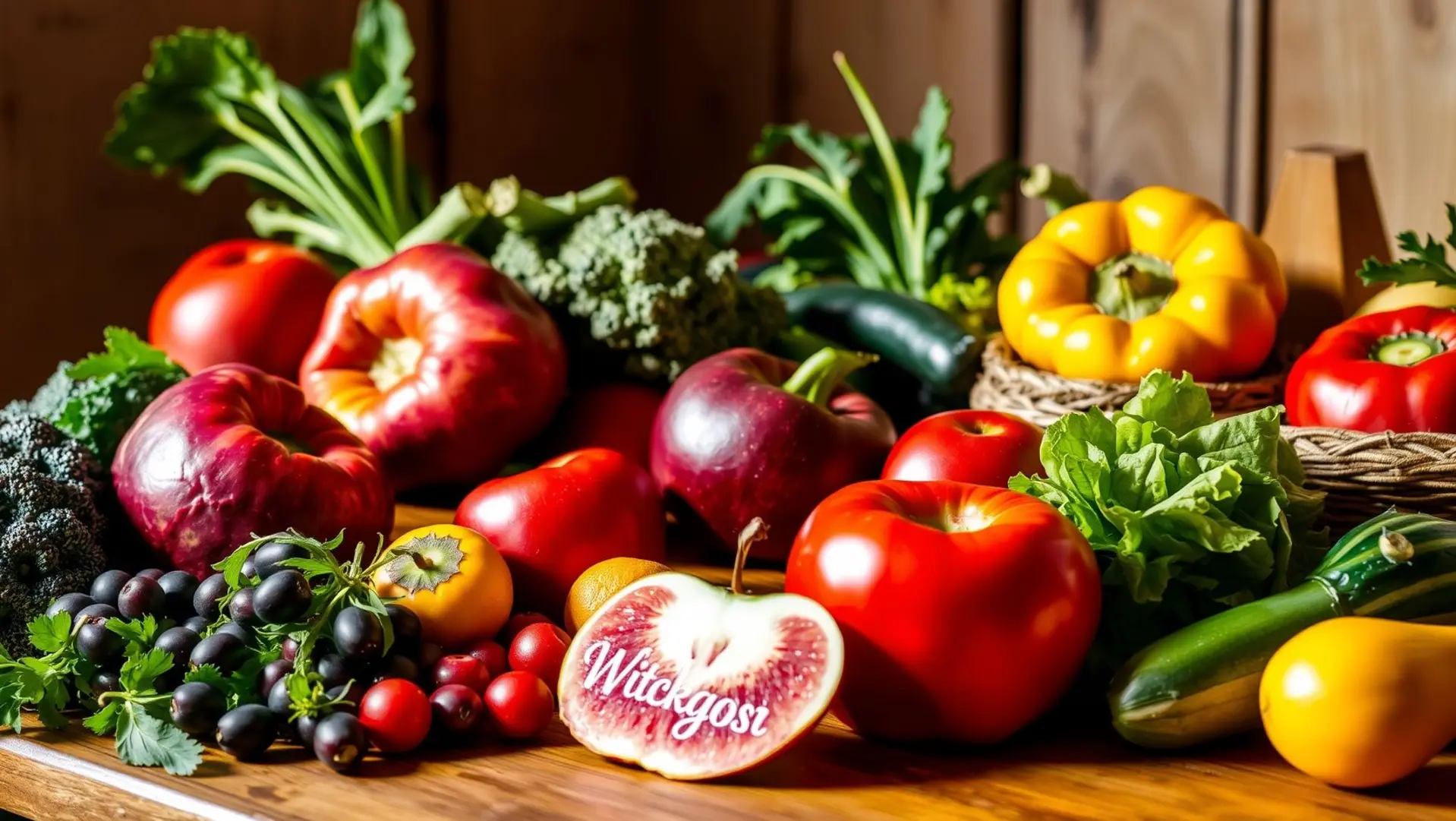 Um hábito alimentar simples capaz de diminuir o risco de infarto e AVC 1 Mesa de madeira com frutas e vegetais frescos e coloridos.