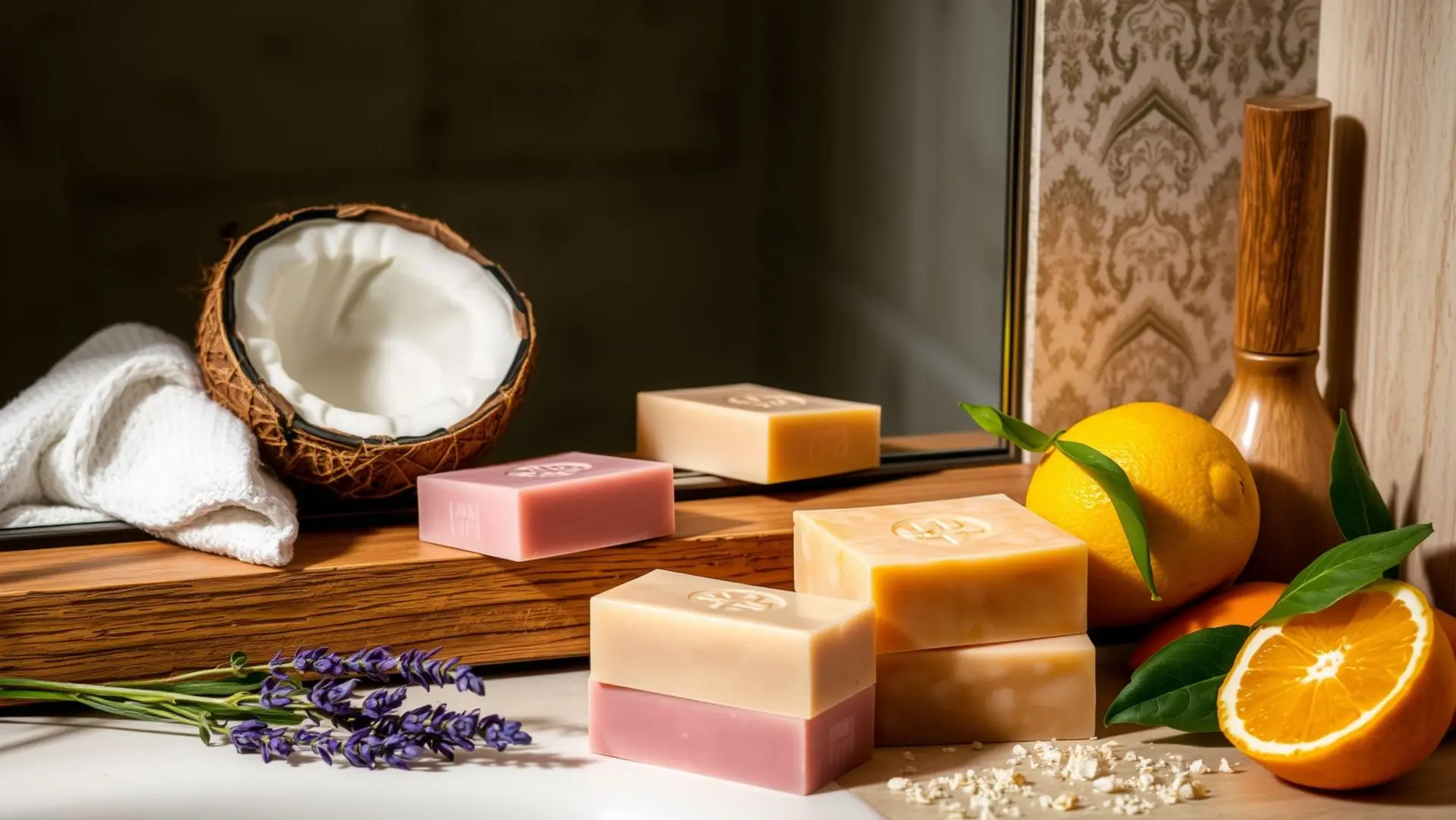 8 Ingredientes Baratos que Transformam seu Sabonete em um Produto Premium 1 Cena acolhedora de sabonetes artesanais e ingredientes naturais.