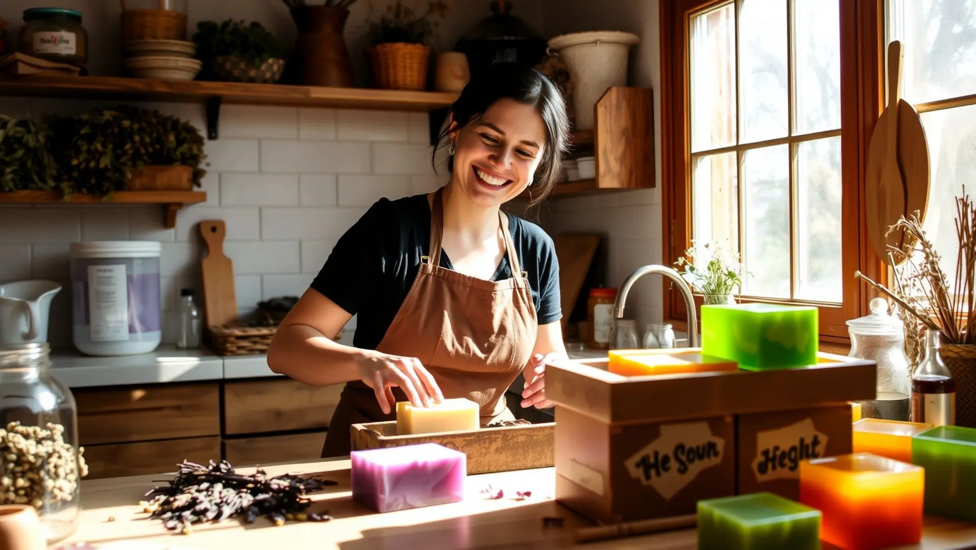 Mulher sorrindo enquanto faz sabonete artesanal com ervas secas na cozinha