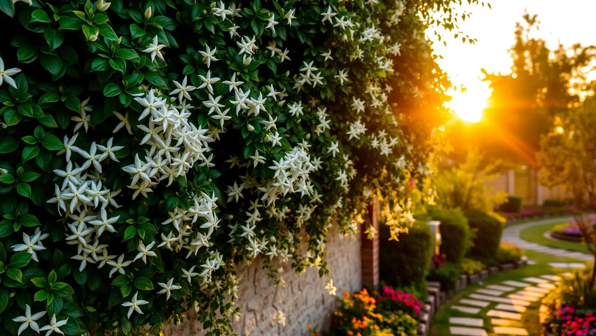 Jardim com jasmim-estrela cobrindo um muro com flores brancas.