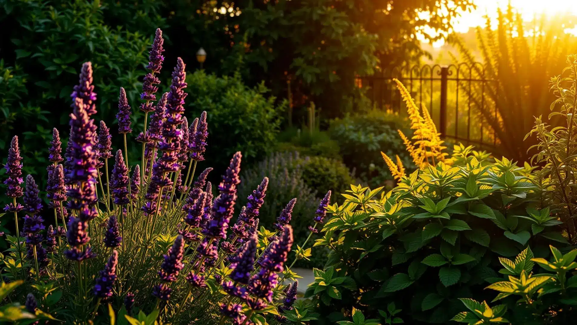 Plantas de citronela, lavanda e menta em um jardim para repelir escorpiões.