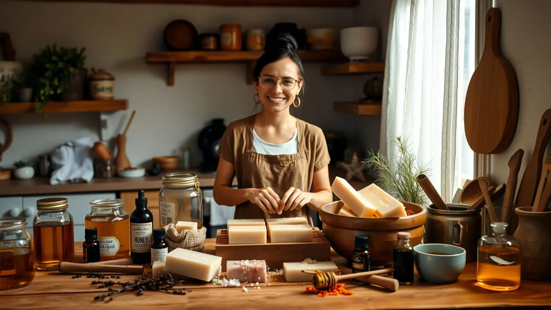Pessoa fazendo sabonete de mel na cozinha.