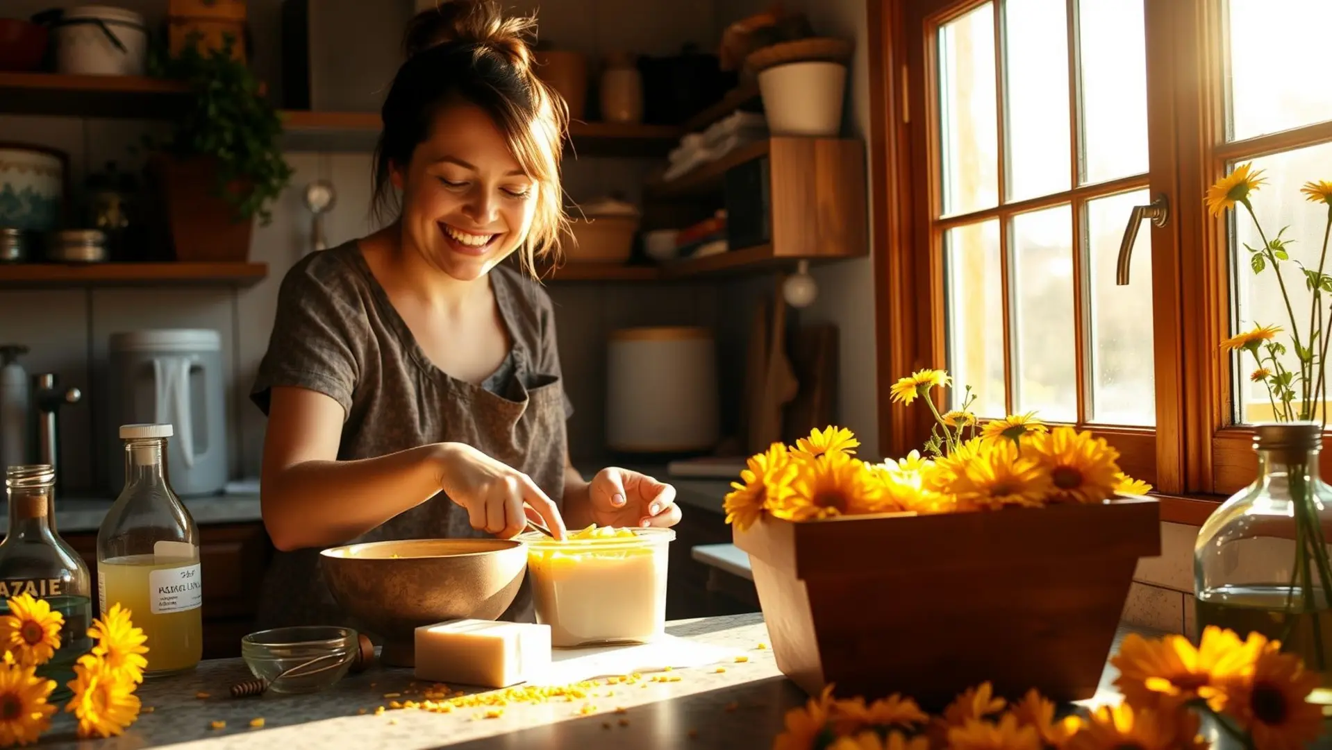 Sabonete de calêndula caseiro em uma bancada de cozinha