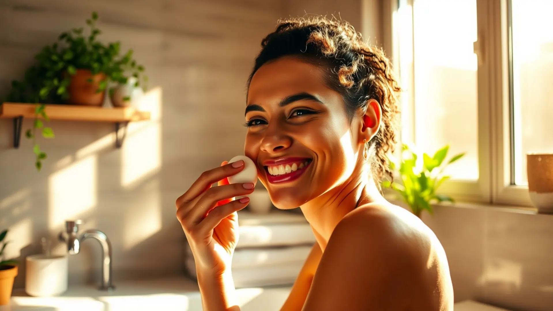 Mulher sorrindo enquanto usa sabonete de argila branca em um banheiro claro.