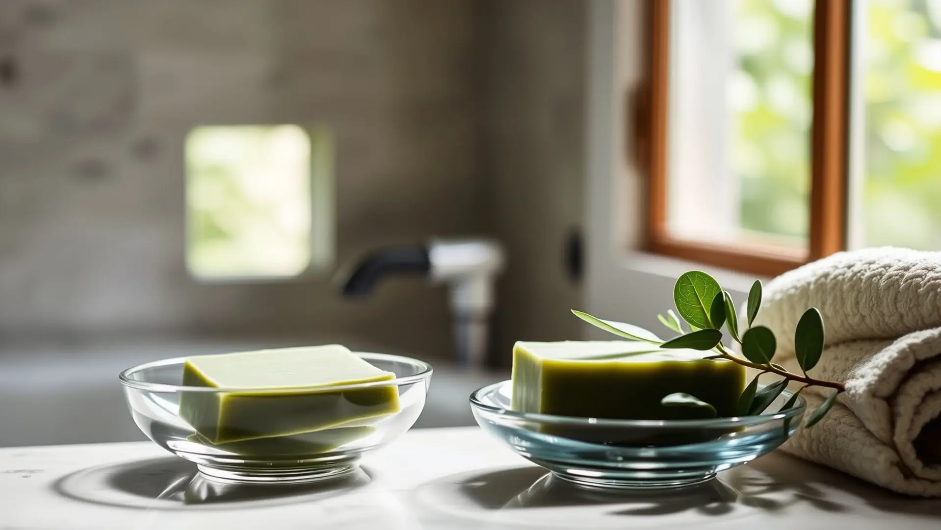 7 Benefícios Surpreendentes do Sabonete de Argila Verde 1 Sabonete de argila verde em um ambiente de banho relaxante.