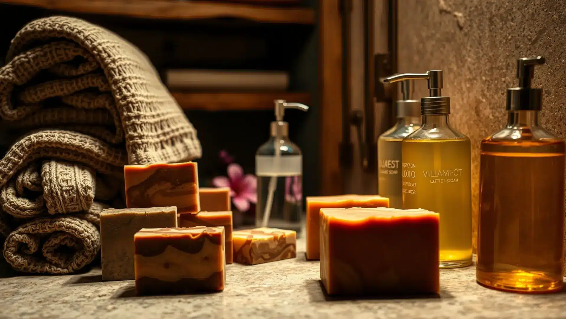 Foto de sabonete artesanal e líquido em um banheiro acolhedor