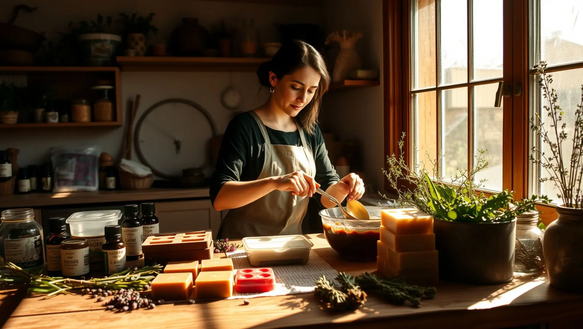 Uma mulher fazendo sabonete artesanal em um espaço acolhedor
