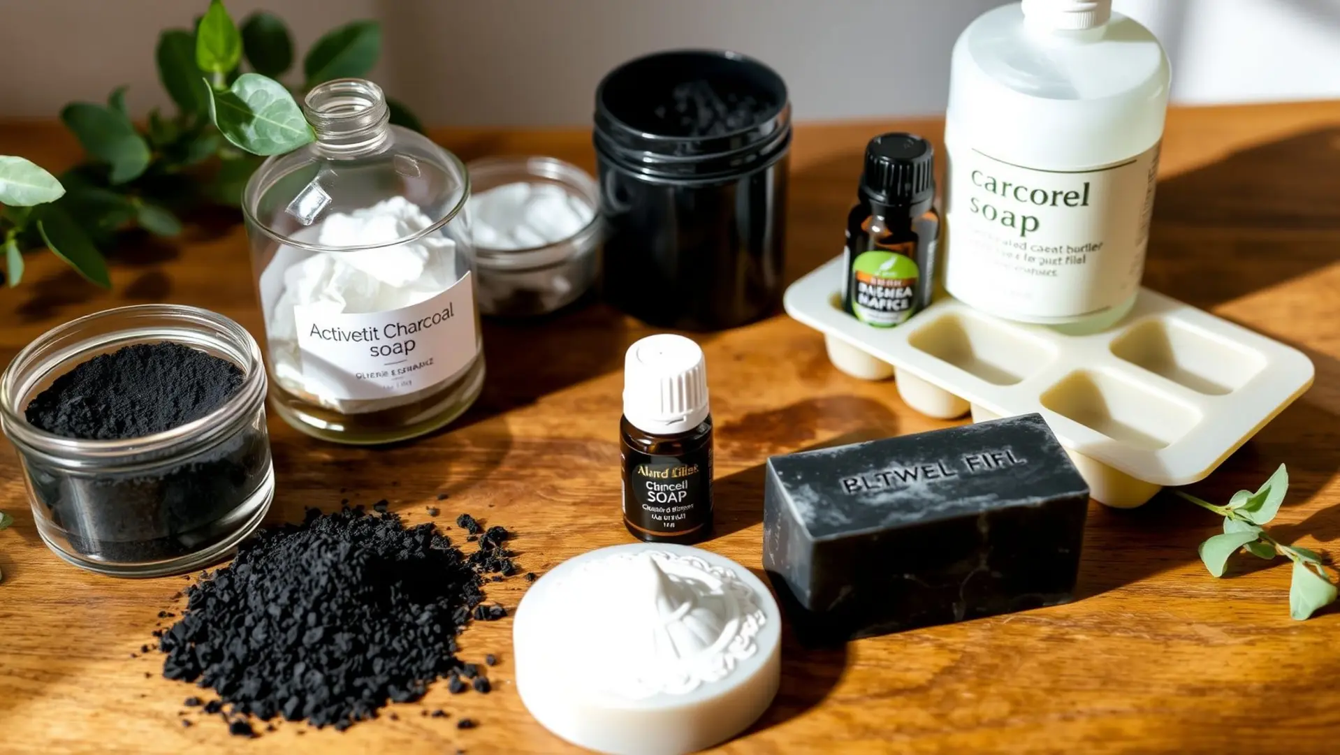 Imagem de um setup para fazer sabonete de carvão ativado com ingredientes naturais.