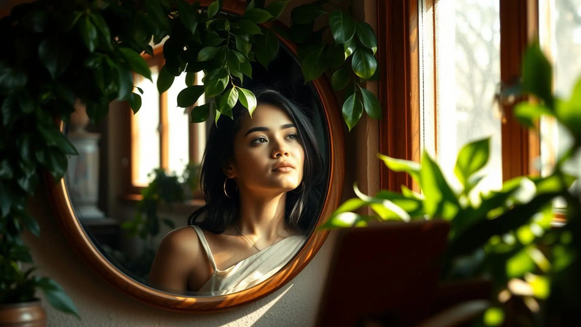 Mulher contemplativa observando seu reflexo em um espelho.