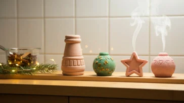 Presente de Natal Feito à Mão: 3 Receitas de Sabonetes Artesanais para Surpreender a Família Gastando Quase Nada 14 Imagem de sabonetes artesanais feitos à mão, tema de presente de Natal, exibidos sobre bancada rústica com detalhes natalinos.