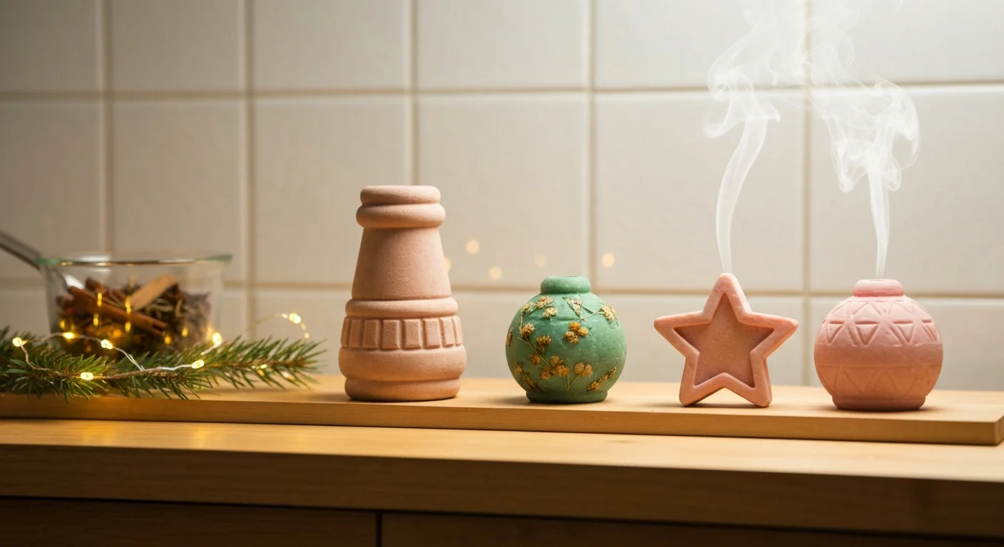Imagem de sabonetes artesanais feitos à mão, tema de presente de Natal, exibidos sobre bancada rústica com detalhes natalinos.