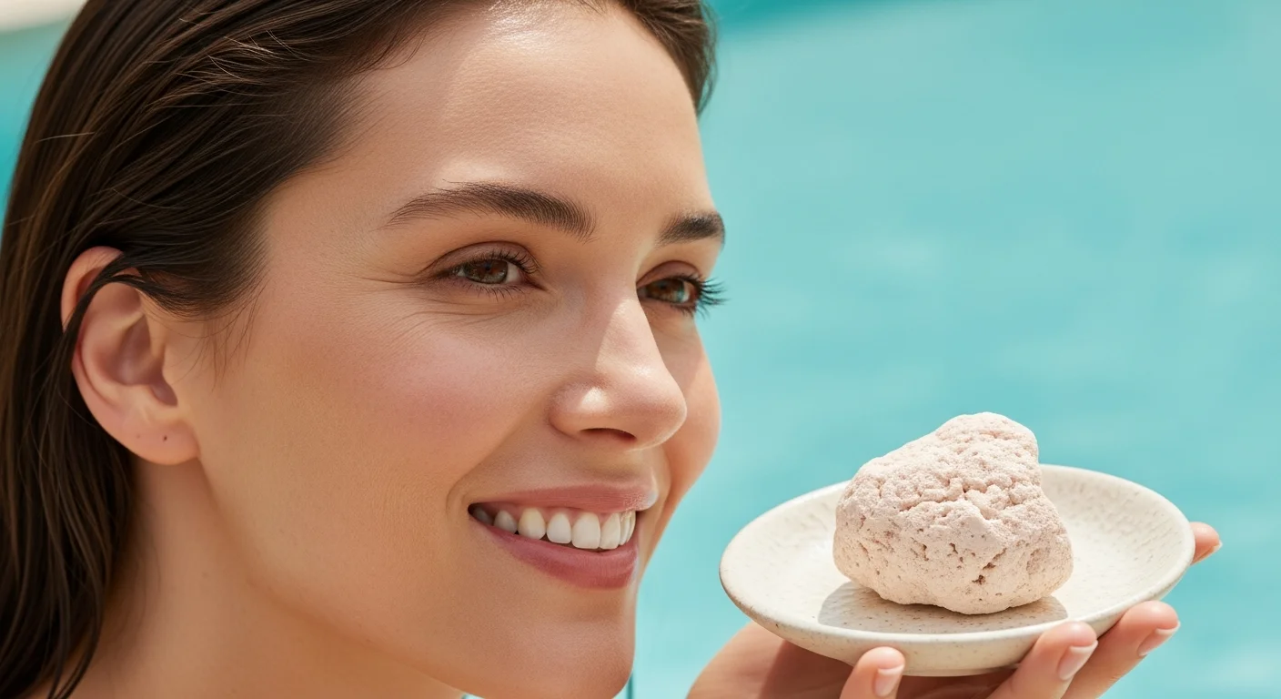 Sua Pele Vira um 'Pastel' no Calor? O Sabonete de Argila Caseiro que Controla a Oleosidade e Salva seu Verão 1 Mulher com pele radiante e natural, exibindo sua pele vira 8216, ao lado de sabonete de argila em ambiente verão.