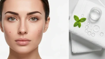 Fotografia profissional de rosto feminino com pele limpa e oleosidade controlada, ao lado de 10 sabonetes dermatológicos e elementos de skincare