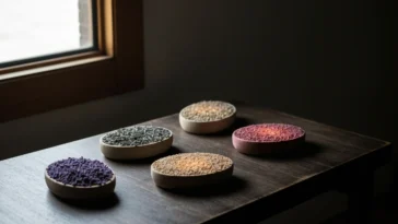 Imagem de 3 sabonetes ervas naturais artesanais em uma mesa rústica, emitindo brilho etéreo, ideal para limpeza energética profunda.