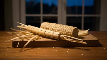 Cena de cozinha com sabonete artesanal de louro e canela, folhas e grãos espalhados, luz dourada aconchegante