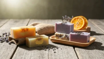 Sabonetes artesanais e naturais, com ingredientes como aloe vera e aveia, em ambiente de verão para aliviar a pele queimada de sol