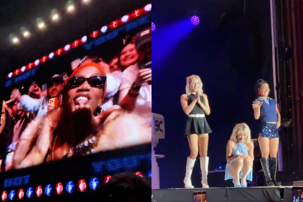 Sabrina Carpenter repete ação icônica e “prende” rapper Doechii com algemas rosas em show na Colômbia